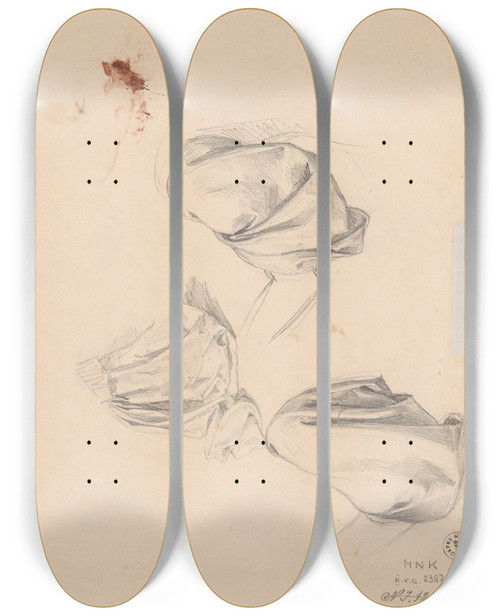 Triptych art skateboard deck of Jzef Simmler Studies Of Sleeve And Robe Fragment by Jozef Simmler (1823-1868)