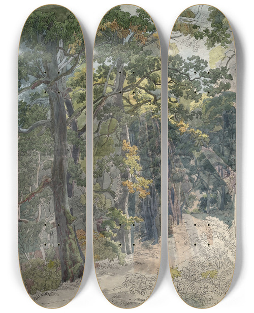 Triptych art skateboard deck of Friedrich Salath Rays Of Sunlight Striking A Woodland Path by Friedrich Salathe (1793-1860)