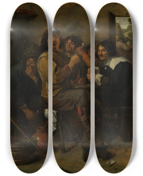 Triptych art skateboard deck of Adriaen Brouwer The Smokers by Adriaen Brouwer (1605-1638)