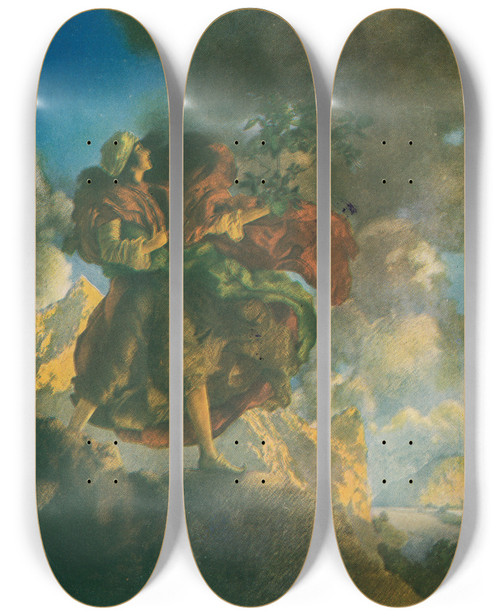 Triptych art skateboard deck of Maxfield Parrish It Will Be Sufficient To Break Off A Branch And Carry It To Plant In Your Garden by Maxfield Parrish (1870-1966)