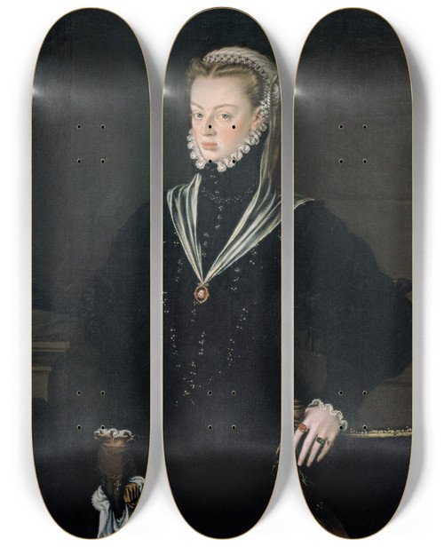 Triptych art skateboard deck of Alonso Snchez Coello Portrait Of Juana Of Austria Princess Of Portugal by Alonso Sanchez Coello (1531-1588)