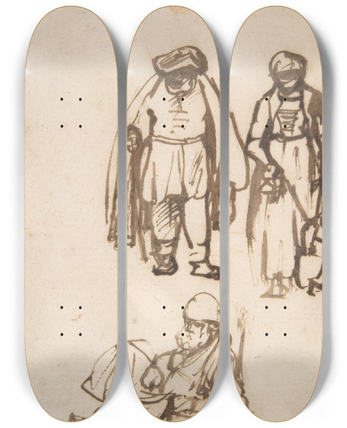 Triptych art skateboard deck of Nicolaes Maes Studies Of Two Men And A Woman Teaching A Child To Walk by Nicolaes Maes (1634-1693)