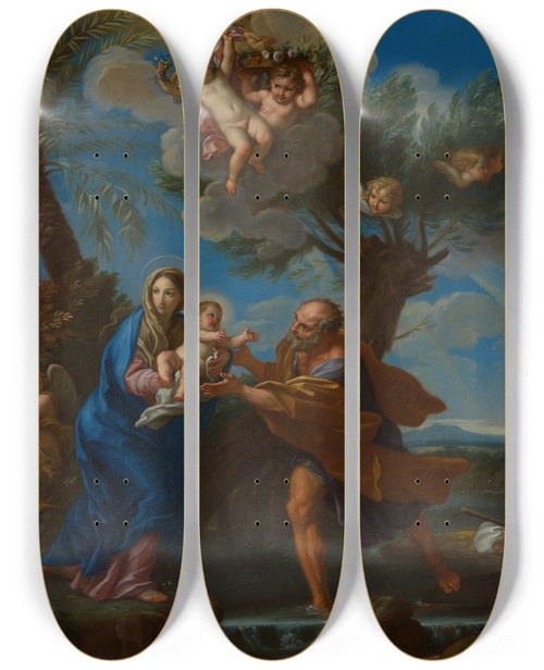 Triptych art skateboard deck of Carlo Maratti The Flight Into Egypt_1 by Carlo Maratti (1625-1713)