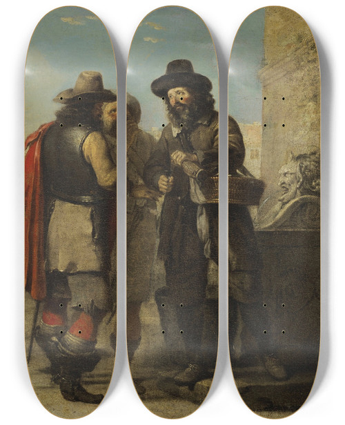 Triptych art skateboard deck of Alexandre Montallier Deux Paysans Et Un Soldat Buvant Prs Dune Fontaine by Alexandre Montallier