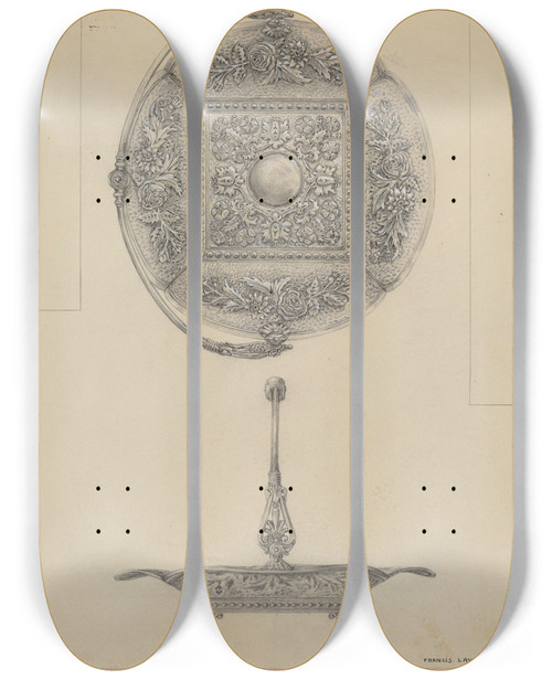 Triptych art skateboard deck of Francis Law Durand Silver Cake Dish_2 by Francis Law Durand (1935)