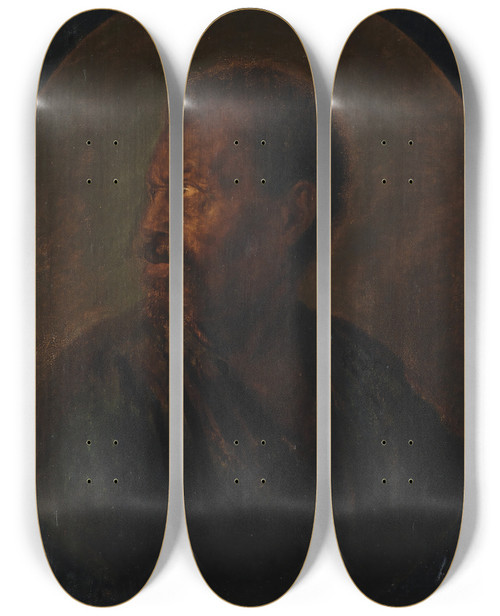 Triptych art skateboard deck of Gerrit Dou Head Of An African by Gerrit Dou (1613-1675)