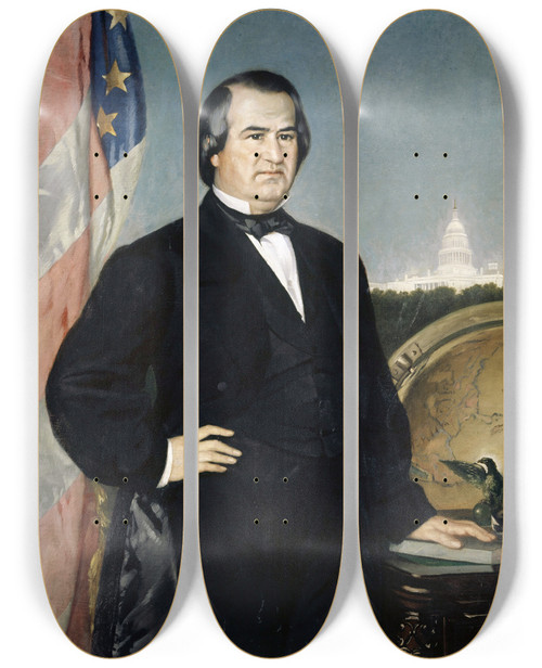 Triptych art skateboard deck of Frank Buchser Portrait Of The American President Andrew Johnson by Frank Buchser (1828-1890)