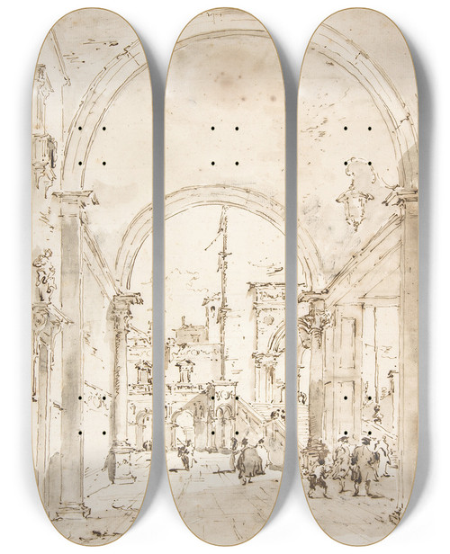 Triptych art skateboard deck of Francesco Guardi Architectural Capriccio Grand Staircase Seen Through An Archway by Francesco Guardi (1712-1793)