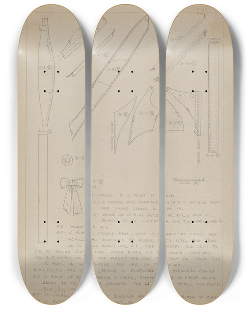 Triptych art skateboard deck of Emery Herrett Dress Pattern_1 by Emery Herrett