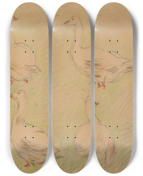 Triptych art skateboard deck of Alfred Sisley Etude De Quatre Oies by Alfred Sisley (1840-1899)