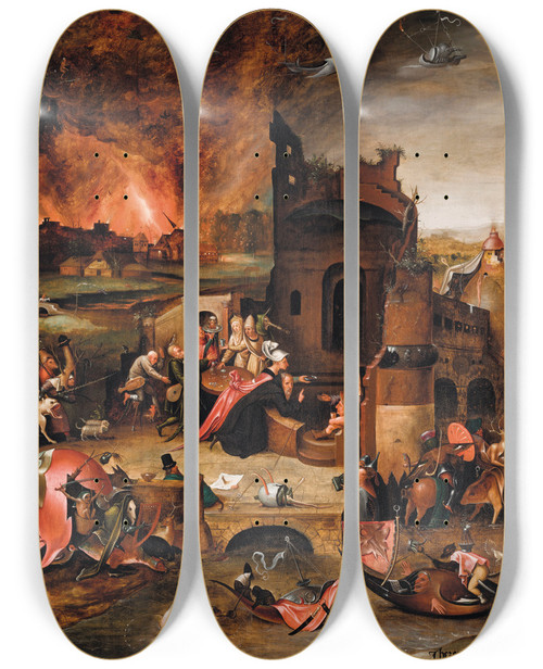 Triptych art skateboard deck of Hieronymus Bosch The Temptation Of Saint Anthony The Great by Hieronymus Bosch (1450-1516)