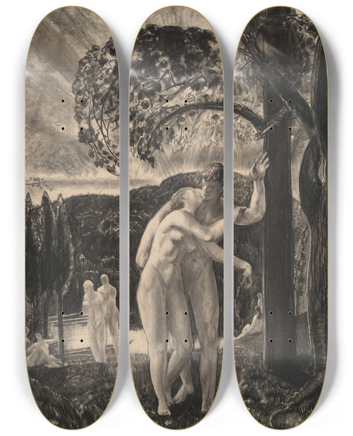 Triptych art skateboard deck of George Wesley Bellows Lovers Still Whispered In Thedusk by George Wesley Bellows (1882-1925)