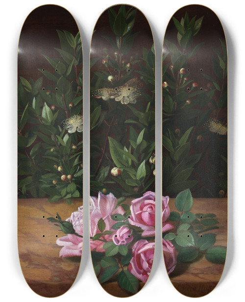 Triptych art skateboard deck of Otto Didrik Ottesen Roses And Myrtles by Otto Didrik Ottesen (1816-1892)