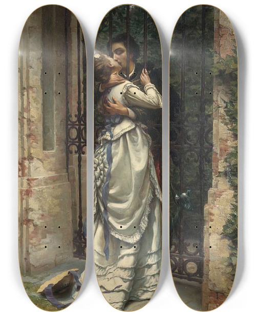 Triptych art skateboard deck of Silvio Allason The Kiss by Silvio Allason (1845-1912)