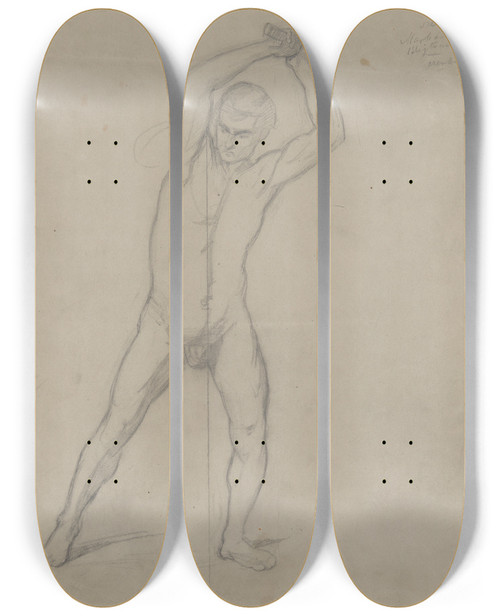 Triptych art skateboard deck of Jzef Simmler Nude Sketch To The Executioner With An Axe To The Painting Martyrdom Of St Matthias by Jozef Simmler (1823-1868)