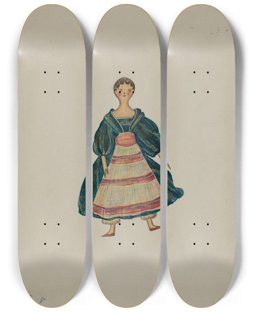 Triptych art skateboard deck of Marie Lutrell Wooden Doll by Marie Lutrell