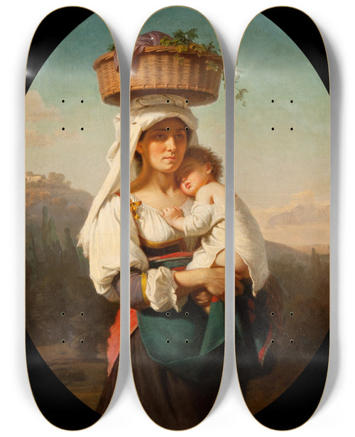 Triptych art skateboard deck of Amalia Lindegren Italian Mother With Child by Amalia Lindegren (1814-1891)
