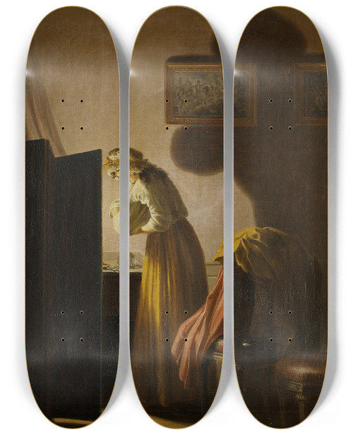 Triptych art skateboard deck of Pehr Hillestrm A Woman Picking Fleas By Candlelight by Pehr Hillestrom (1732-1816)