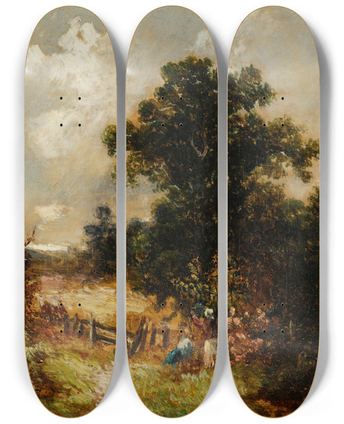Triptych art skateboard deck of Ernestine Von Kirchsberg Rast Am Wegesrand by Ernestine Von Kirchsberg (1857-1924)
