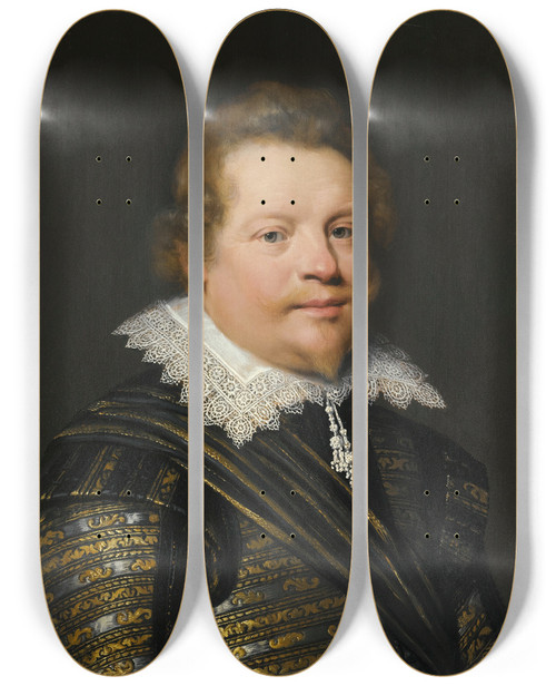 Triptych art skateboard deck of Jan Anthonisz Van Ravesteyn Portrait Of A Gentleman Wearing A Black And Gold Embroidered Doublet And A White Ruff by Jan Anthonisz Van Ravesteyn (1570-1657)