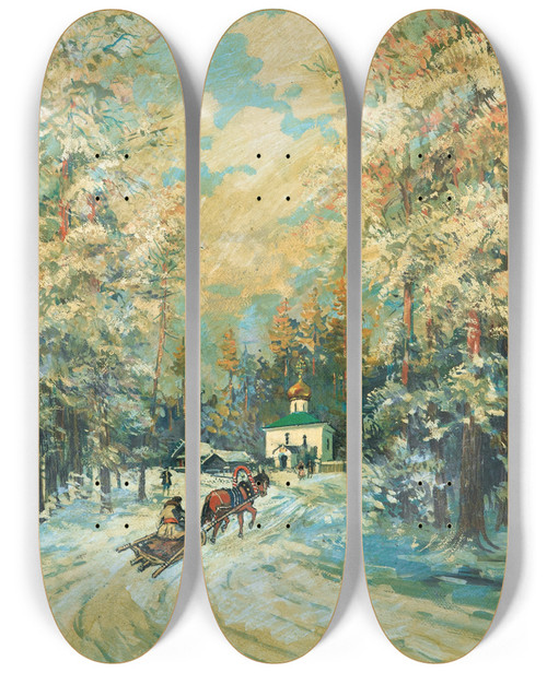 Triptych art skateboard deck of Konstantin Alexeevich Korovin Traineau Se Dirigeant Vers Une Chapelle by Konstantin Alexeevich Korovin (1861-1939)