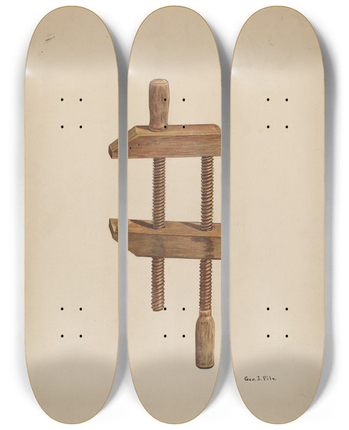 Triptych art skateboard deck of George File Walnut Screw Clamp by George File