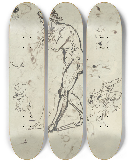 Triptych art skateboard deck of Jacob De Wit Ausschreitende Figur Mit Vor Der Brust Verschrnkten Armen Und Leicht Nach Vorn Gebeugtem Oberkrper Dazu Ber Das Blatt Verstreute Federproben by Jacob de Wit (1695-1754)