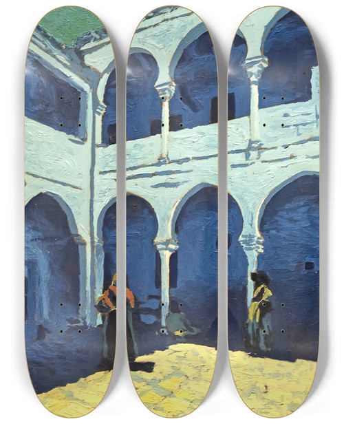 Triptych art skateboard deck of Georges Gaudion Courtyard Of A Moroccan Riad by Georges Gaudion (1885-1942)