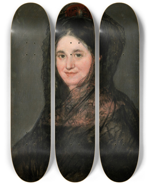 Triptych art skateboard deck of Francisco De Goya Portrait Of A Lady In A Black Mantilla by Francisco de Goya (1746-1828)