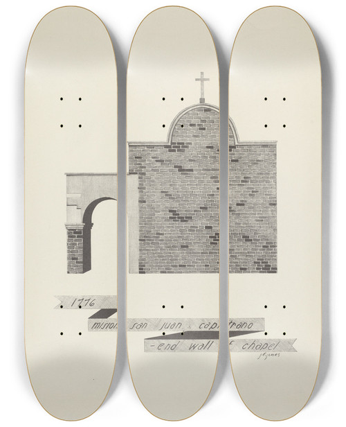 Triptych art skateboard deck of James Jones Mision San Juan Capistrano End Of Chapel Wall by James Jones