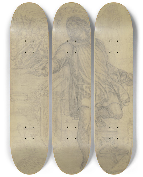 Triptych art skateboard deck of Ferdinand Fellner Faust In Seiner Studierstube Hrt Den Engelchor by Ferdinand Fellner (1799-1859)