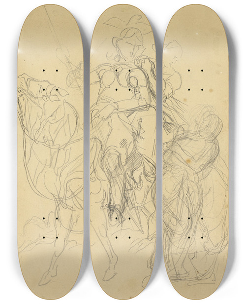 Triptych art skateboard deck of Eugne Delacroix Study For Marphise And The Mistress Of Pinabel by Eugene Delacroix (1798-1863)