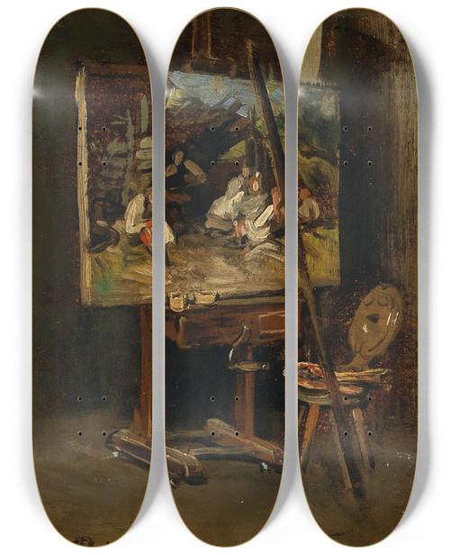 Triptych art skateboard deck of Franz Von Defregger The Easel Of The Artist by Franz Von Defregger (1835-1921)