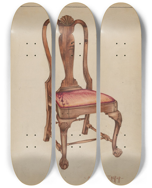 Triptych art skateboard deck of Michael Trekur Walnut Side Chair by Michael Trekur