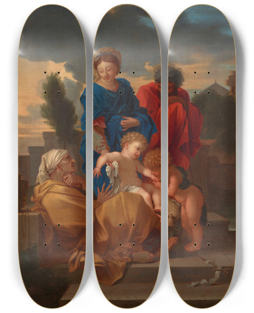 Triptych art skateboard deck of Sbastien Bourdon The Holy Family With Saint Elizabeth And The Infant Saint John The Baptist_2 by Sebastien Bourdon (1616-1671)
