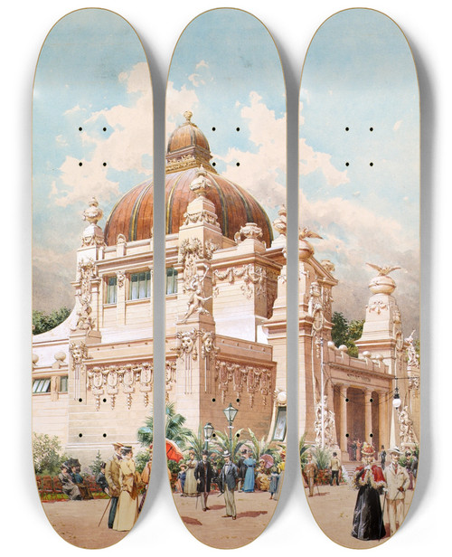 Triptych art skateboard deck of Richard Moser Die Jubilumsausstellung In Wien 1898 Pavillion Der Stadt Wien by Richard Moser (1874-1924)