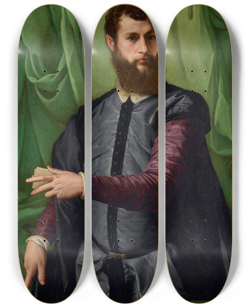 Triptych art skateboard deck of Francesco Salviati Portrait Of A Man by Francesco Salviati