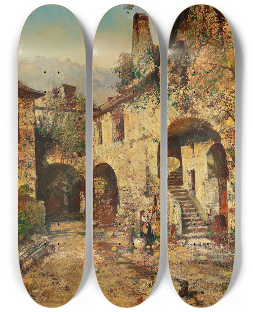 Triptych art skateboard deck of Robert Russ Hof In Weissenkirchen by Robert Russ (1847-1922)