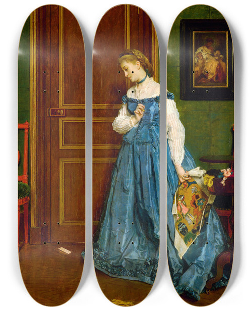Triptych art skateboard deck of Alfred Stevens Hesitation Madame Monteaux by Alfred Stevens (1817-1875)