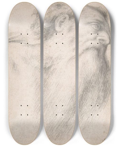Triptych art skateboard deck of Lorenzo Lotto Head Of A Bearded Man by Lorenzo Lotto (1480-1556)