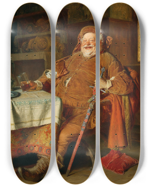 Triptych art skateboard deck of Eduard Von Grtzner Falstaff With A Sword Wine Jug And Glass by Eduard Von Grutzner (1848-1925)