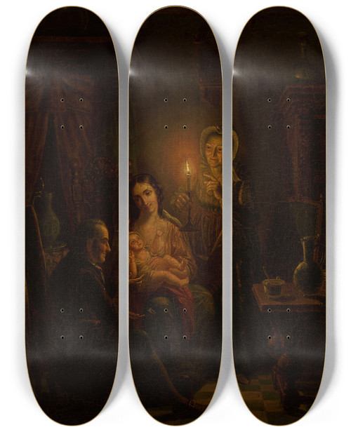 Triptych art skateboard deck of Willem Thans Family Scene Indoors By Candlelight by Willem Thans (1816-1842)