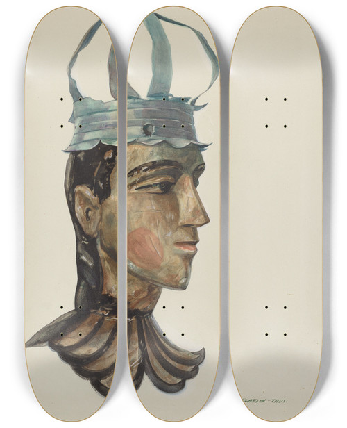 Triptych art skateboard deck of Majel G Claflin Head Of Carved Figure With Tin Crown by Majel G Claflin (1893-1941)