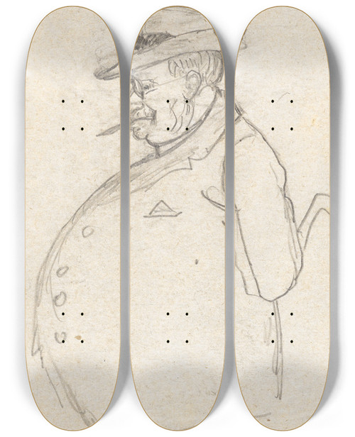 Triptych art skateboard deck of Paul Franz Otto Mann Mit Brille Und Zigarre Von Der Seite Ii by Paul Franz Otto (1839-1927)