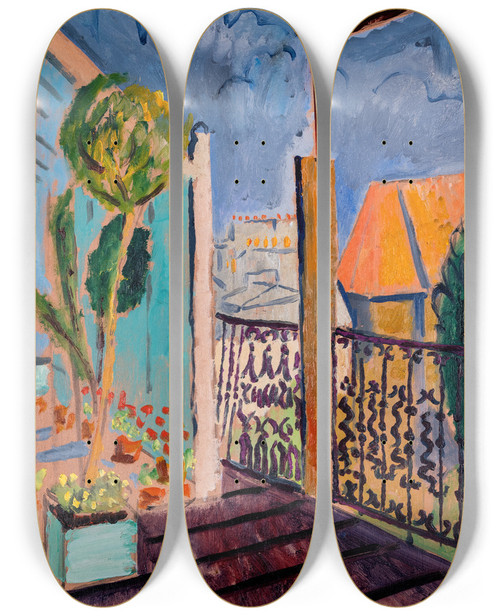 Triptych art skateboard deck of Isaac Grnewald View From The Studio Window by Isaac Grunewald (1889-1946)