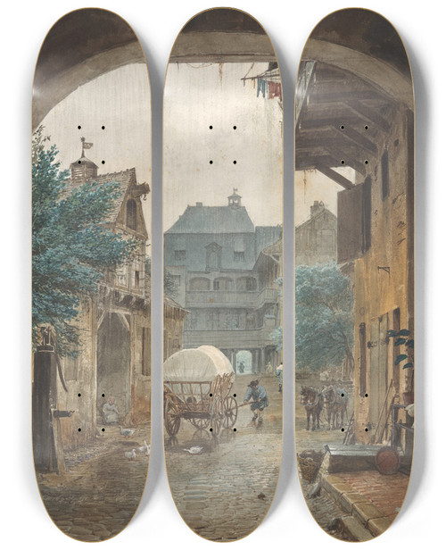 Triptych art skateboard deck of Eduard Gaertner View Into The Courtyard Of An Inn At Colmar_1 by Eduard Gaertner (1801-1877)