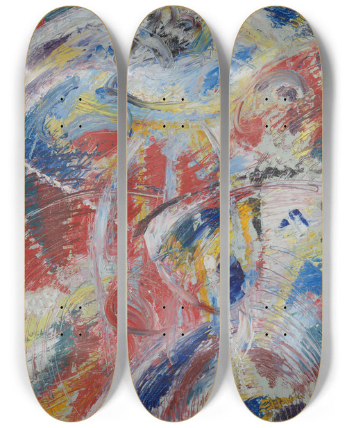 Triptych art skateboard deck of Jules Schmalzigaug Development Of A Theme In Red Carnival by Jules Schmalzigaug (1882-1917)
