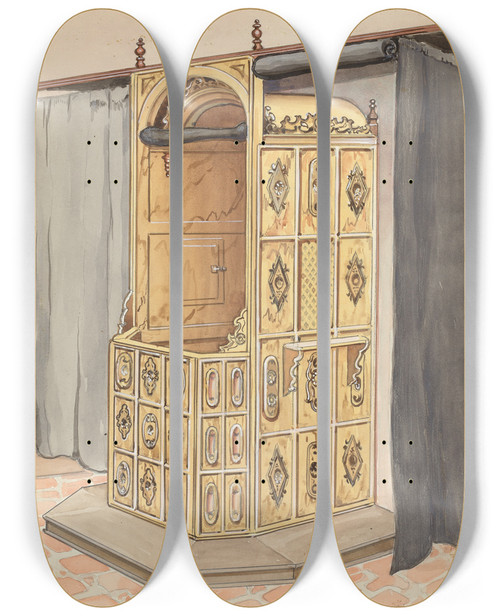 Triptych art skateboard deck of Harry Mann Waddell Side Of Confessional Chair by Harry Mann Waddell (1876-1956)