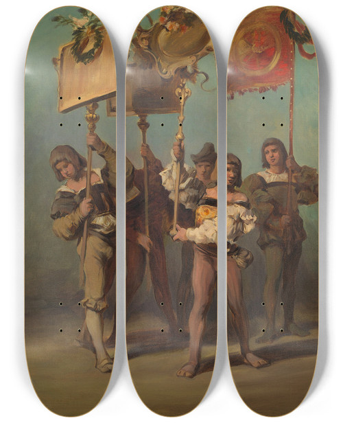 Triptych art skateboard deck of Hans Makart Entwurf Zum Festzug 1879 Standartentrger Der Tischler by Hans Makart (1840-1884)