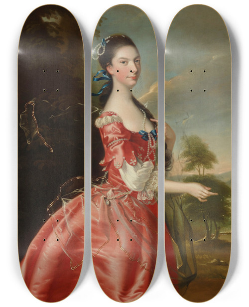 Triptych art skateboard deck of Joseph Wright Of Derby Portrait Of Miss Ann Carver Before A Landscape by Joseph Wright Of Derby (1734-1797)